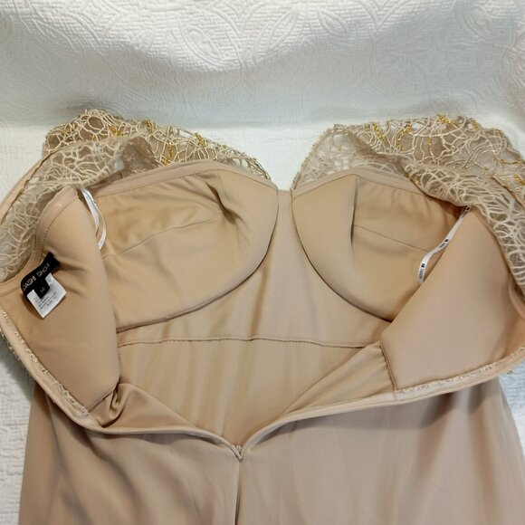 Tadashi Shoji Evening Gown Gold Beaded Lace Cap Sleeves Pleated Front Sz 14 - Picture 12 of 12